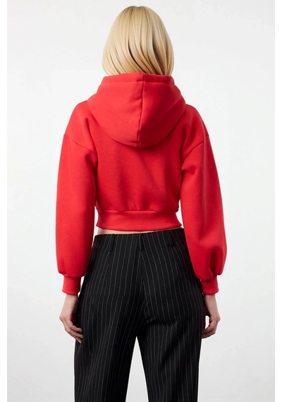 Benerly Kadın Kapüşonlu Düşük Kol Fermuarlı Örme Sweatshirt Fonksiyonel D Kırmızı