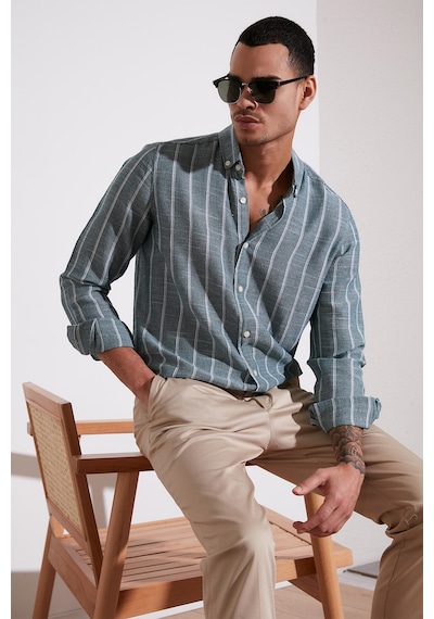Buratti Pamuklu Çizgili Regular Fit Düğmeli Yaka Erkek Gömlek Cf21S112480 Haki-Beyaz