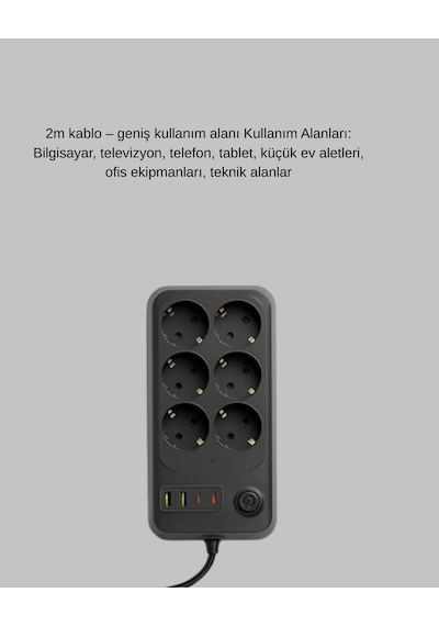 Ceylan Adam 6 Lı Grup Priz Termal Korumalı Usb Type-c Çoklu Priz 2 Metre Kablo Standart