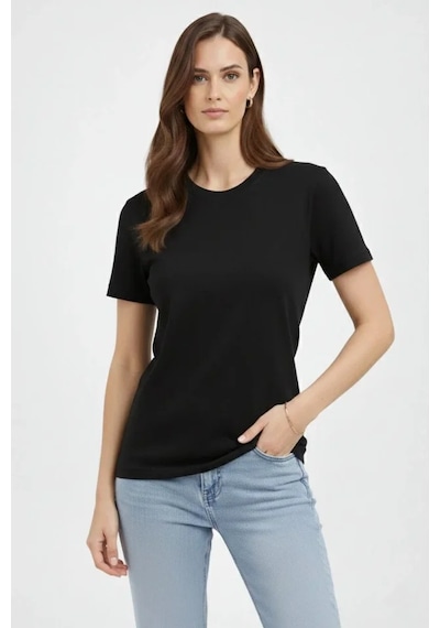 İkales Bisiklet Yaka Tişört Regular Kalıp Basic Pamuklu Günlük Kullanım T-shirt - Siyah