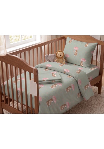 Maki Home %100 Pamuklu Pembe Şemsiyeli Ayıcık Desenli Su Yeşili Bebek Nevresim Takımı Çok renkli