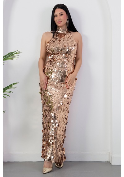 Kalopya Halter Yaka Büyük Pullu Elbise Abiye Ecr6094 Gold