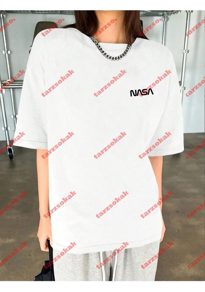 Tarzsokak Unisex Nasaa Baskılı Tshirt Beyaz Beyaz