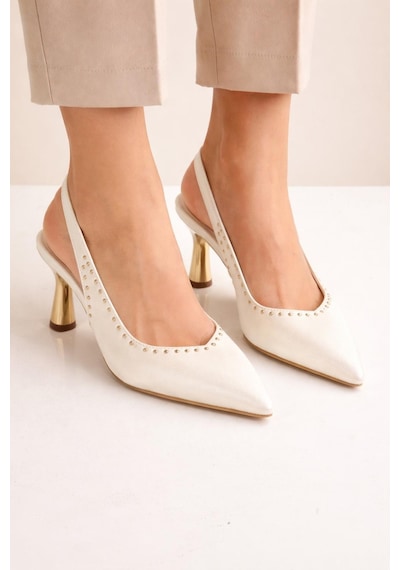 Modaonn Kadın Sivri Burun Zımbalı Slingback İnce Topuk Ayakkabı Bej