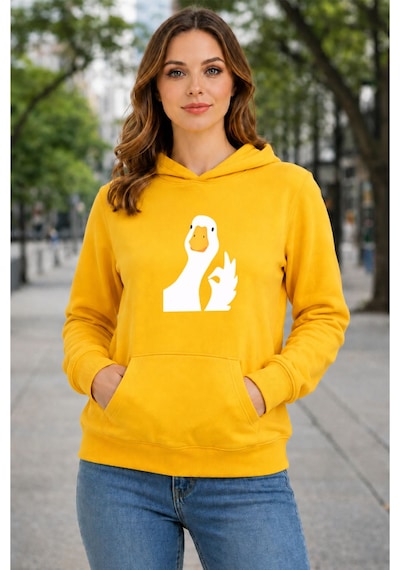 Herkesemoda Ördek Baskılı Kapüşonlu 2 İplik Şardonlu Sweatshirt Sarı