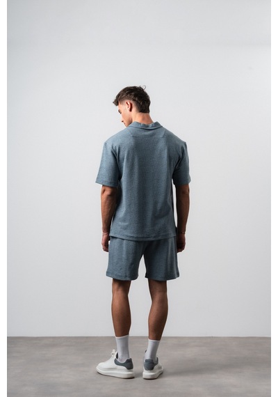 Erkek 2flyy Yazılı Yarım Fermuarlı Regular Fit T-shirt Şort Takım Petrol