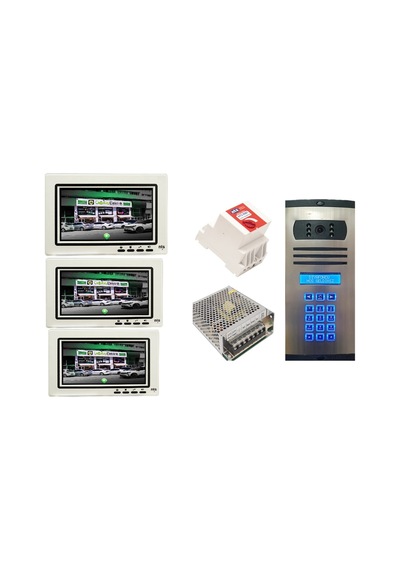 3 Daire Nts 2015-b 7'' Görüntülü Diafon Beyaz-8003 Tuş Takımlı Şifreli Zil Panelli Set
