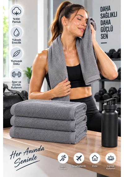 3lü Spor Fitness Havlusu 30x100 %100 Pamuklu Gri