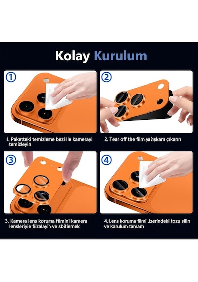 Apple Uyumlu iPhone 17 Pro Max Tek Parça Tam Kapatan Metal Temperli Kamera Lens Koruyucu Turuncu