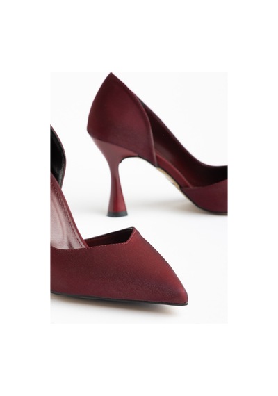 Büyük Beden Kadın İnce Topuklu Stiletto Bordo Parlak Saten Yan Açık-4669 Bordo