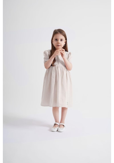 Oliventhekid Kolları Ve Beli Lastikli Kız Çocuk Elbise Ekru Ekru