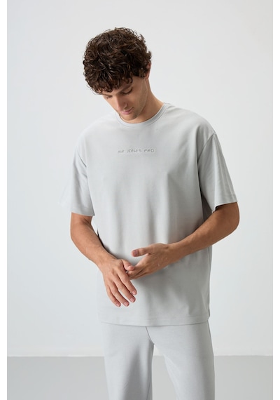 Air Jones Tommy Life Taş Pamuklu Kalın Yüzeyi Dokulu Oversize Fit Baskılı Erkek T-shirt - 88364 Taş