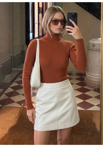 Onno Style Women Fitilli Balıkcı Yaka Basic Kazak Kiremit