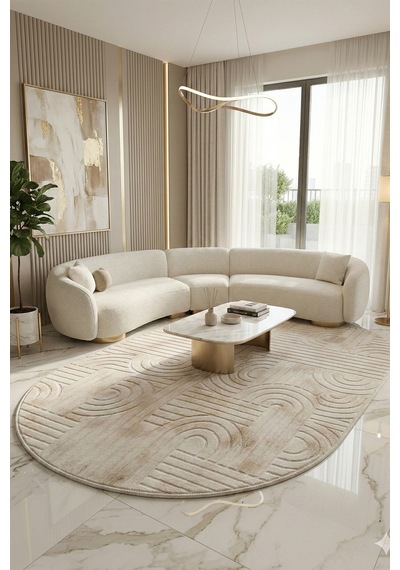 Modern Oval Halı Bambu Dokulu Kaymaz Taban Yumuşak Salon Yatak Odası Halısı Kahve 5001