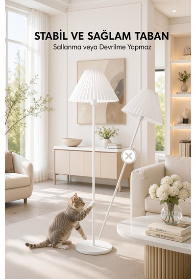 Metal Beyaz Lambader 150 Cm İthal Beyaz Kumaş Pileli Kırma Modern Başlık Lam10