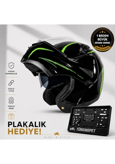 Vrt Çene Açılır Güneş Vizörlü Kask + Plakalık Siyah-yeşil
