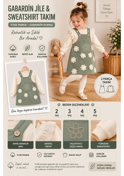 Nota Kids Kız Çocuk Çiçek Desenli Jile Elbise Takım Dantel Kollu Pudra Sweatshirt Ve Askılı Elbise Yeşil