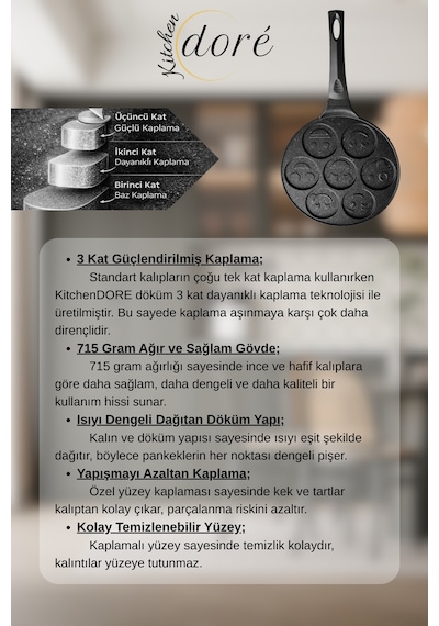 Döküm Pankek Tavası Emoji Desen Yapışmaz Yüzeyli 3 Katmanlı Kaplama Siyah
