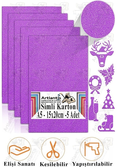 Simli Karton A5 15x20 Cm 5 Li 1 Paket Simli Fon Kartonu Parıltılı Kağıt Anasınıfı Kreş Etkinlik Proje Dekoratif Lila