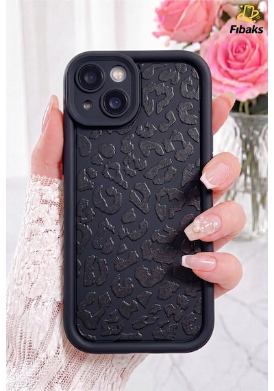 Fibaks iPhone 13/14 Uyumlu Kılıf Yumuşak Siyah Leopar Desenli Yumuşak Kamera Korumalı Silikon Kapak