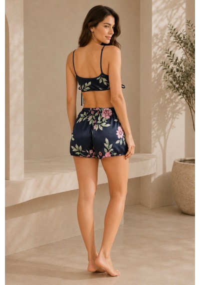 Loule Kadın Lacivert Çiçekli Saten Büstiyer Şort Pijama Takımı
