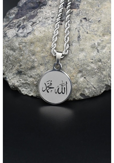 Allah Ve Muhammed Yazlı Kolye Paslanmaz Çelik Zincir 3mm 902083 Gümüş