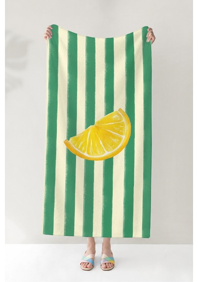 Limon Çizgili Premium Plaj Havlusu - Tropikal Modern Yeşil Sarı Hızlı Kuruyan Mikrofiber Havlu Çok Renkli