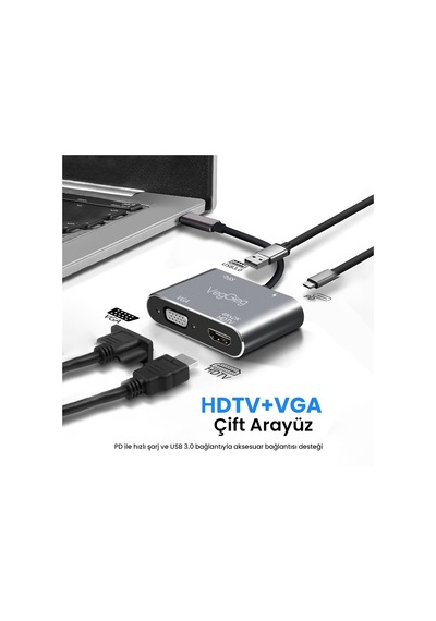 Veggieg Type-c 4k Hdmı 1080p Vga Usb 3.0 Pd Dönüştürücü Çevirici Hub
