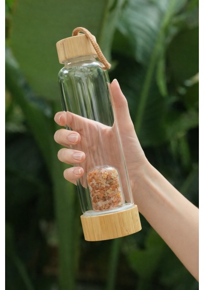 Sarı Adventurin Doğal Taş Bambu Kapaklı Cam Su Matarası - 550 Ml - Özel Kılıflı Beyaz