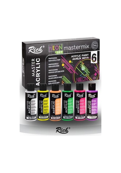 Rich Mastermix Akrilik Boya 6 Renk 60 Ml 1 Paket Neon Renkler Akrilik Boya 6 Lı Profesyonel Tuval Canvas Çok Renkli