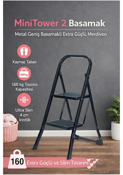 Minitower 2 Basamaklı Metal Merdiven - Ekstra Güçlü Siyah