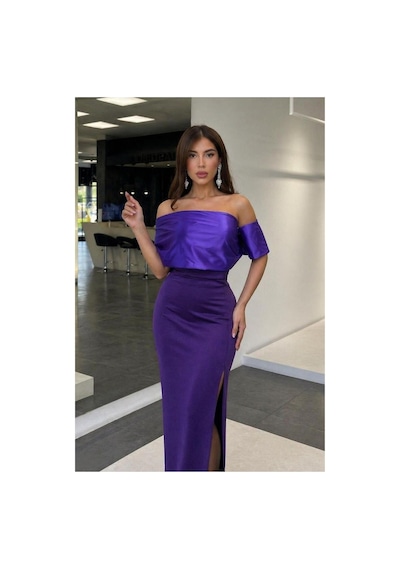 DefyModa Kadın Trend Kayık Yaka Yırtmaçlı Maxi Abiye Elbise Mor
