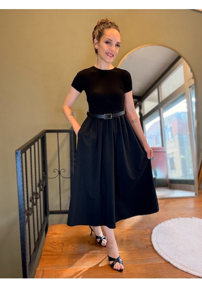 Ali Butik Siyah Kemerli Basıc Midi Elbise