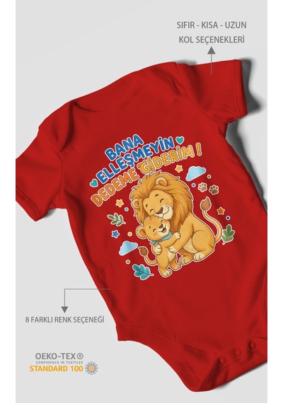 Morivokids Bana Elleşmeyin Dedemle Giderim Kısa Kollu Bebek Body %100 Pamuk Kırmızı