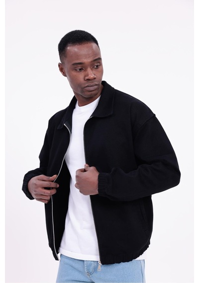 Freemen Erkek Basic Gabardin Kumaş Fermuarlı Oversize Mevsimlik Polo Yaka Ceket Siyah