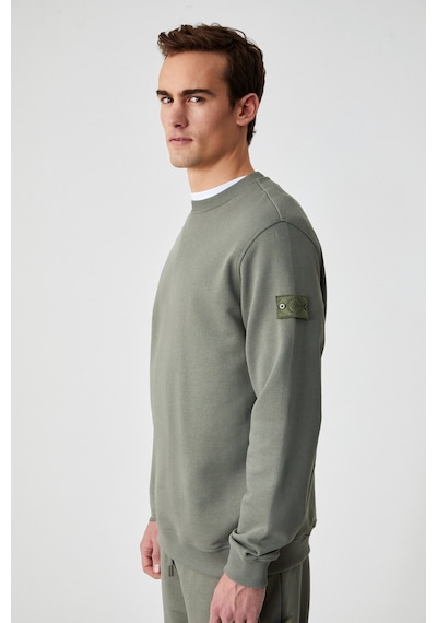 Grimelange OLLIE Erkek Bisiklet Yaka Regular Uzun Kollu Nakış Detaylı Haki Sweatshirt