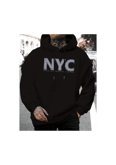 Herkesemoda Nyc Baskı Detaylı Kapüşonlu Sweatshırt Siyah