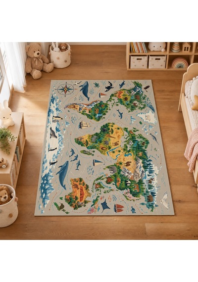 Kartela Halı Dünya Kaşifi Çocuk Oyun Halısı Kaymaz Dot Taban Yıkanabilir 180 X 270 Cm