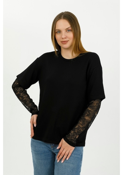 Hdm Kadın Siyah Kolu Dantelli Oversize Bisiklet Yaka Tişört - H6060