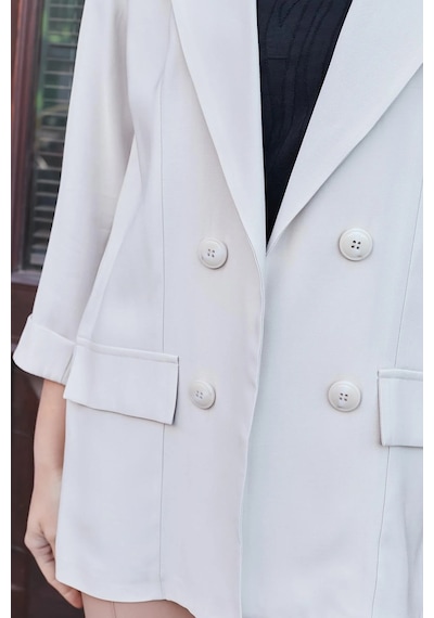 Kadın İpeksi Dokulu Modal Kumaş Yakalı Cep Kapaklı Oversize Salaş Blazer Ceket-taş Taş