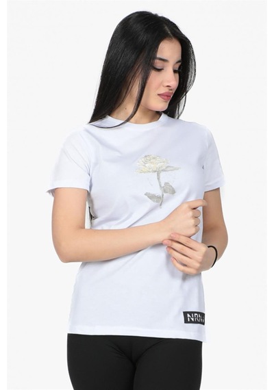 Gül Desenli Bisiklet Yaka Normal Kalıp Tshirt Beyaz-beyaz Beyaz