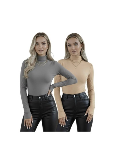 Hashtag Kadın Balıkçı Yaka Parmak Detaylı Body 2'li Set Viskon Kumaş Bej Gri
