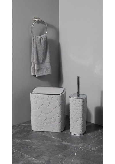 Makri Home 5 Parça Banyo Seti, Kalp Desenli, Gri Silver, Kare, Click Kapaklı, Hacim: 8 Litre Gri