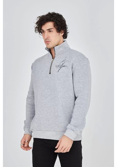 Erkek Yarım Fermuarlı Baskılı Sweat - Gri Gri
