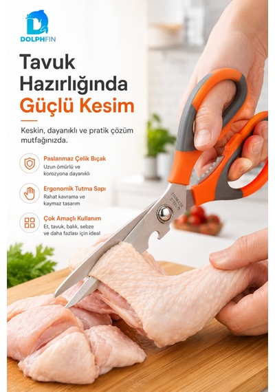 Çok Amaçlı Mutfak Makası Paslanmaz Çelik Ceviz Kıracaklı Turuncu Gri