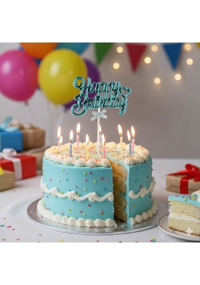 Happy Birthday Krom Pasta Süsü Kürdan Mavi Doğum Günü Pasta Dekoru +3