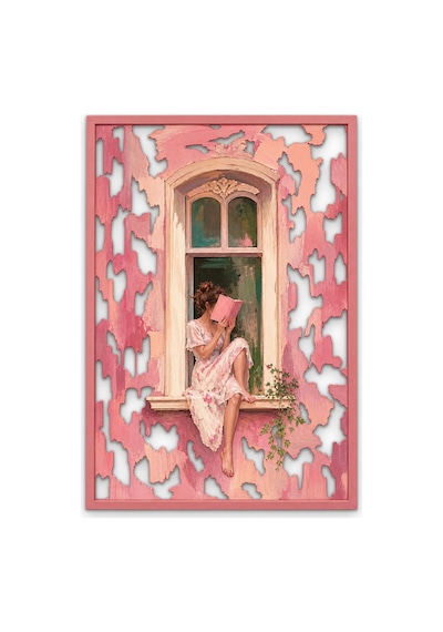 Pembe Pencerede Kitap Okuyan Kız Metal Tablo 66x95 Cm Çok Renkli