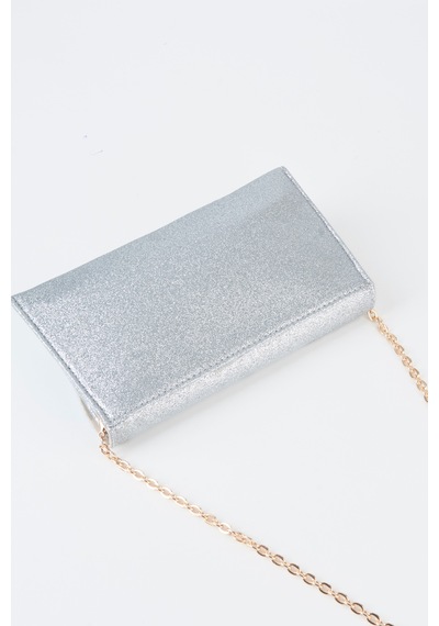 Vivaq Kadın Gümüş Simli Zarf Tasarım 2 Bölmeli Mini Zincir Askılı Çıt Çıt Kapama Clutch Ve El Çantası