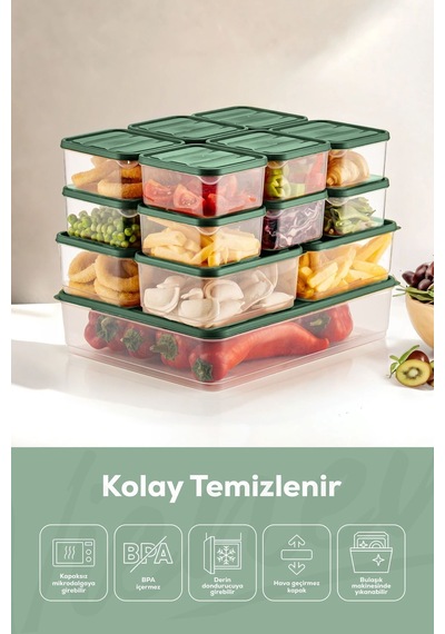 Vienev Buzdolabı Düzenleyici Organizer Mikrodalgaya Uygun Difriz Saklama Kabı Yeşil 17' Li