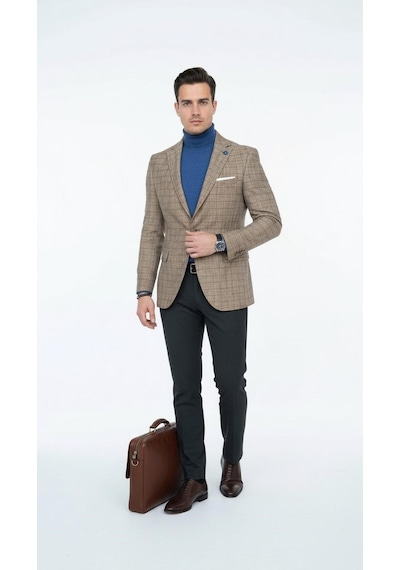 Plus Scorpion Ekoseli Slim Fit Erkek Blazer Ceket Şık Modern Tasarım, Tek Düğmeli Camel